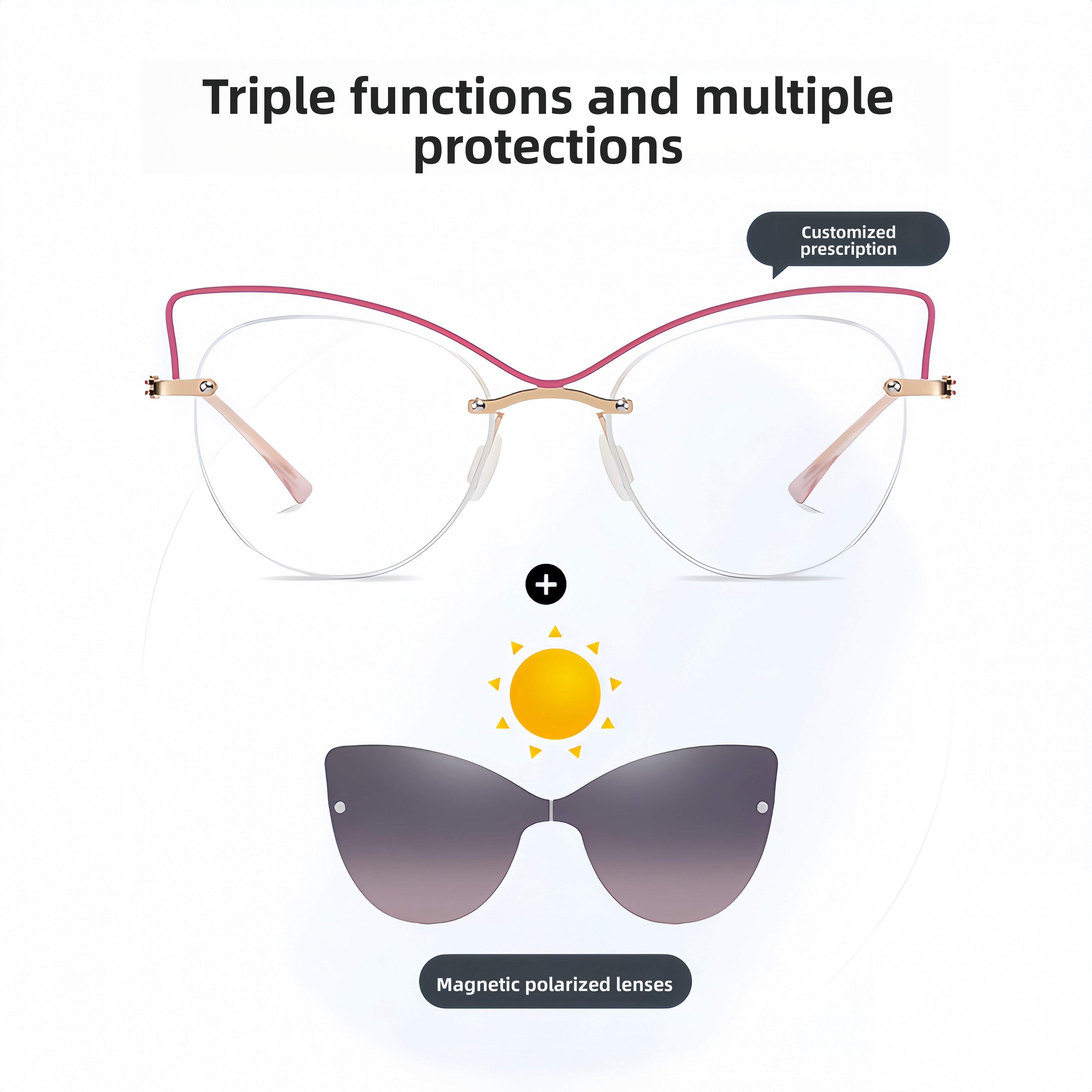 Women's Rimless Magnetic Clip-On Sunglasses Compatible with Prescription Frames