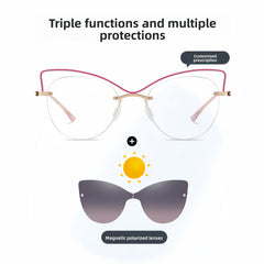 Women's Rimless Magnetic Clip-On Sunglasses Compatible with Prescription Frames