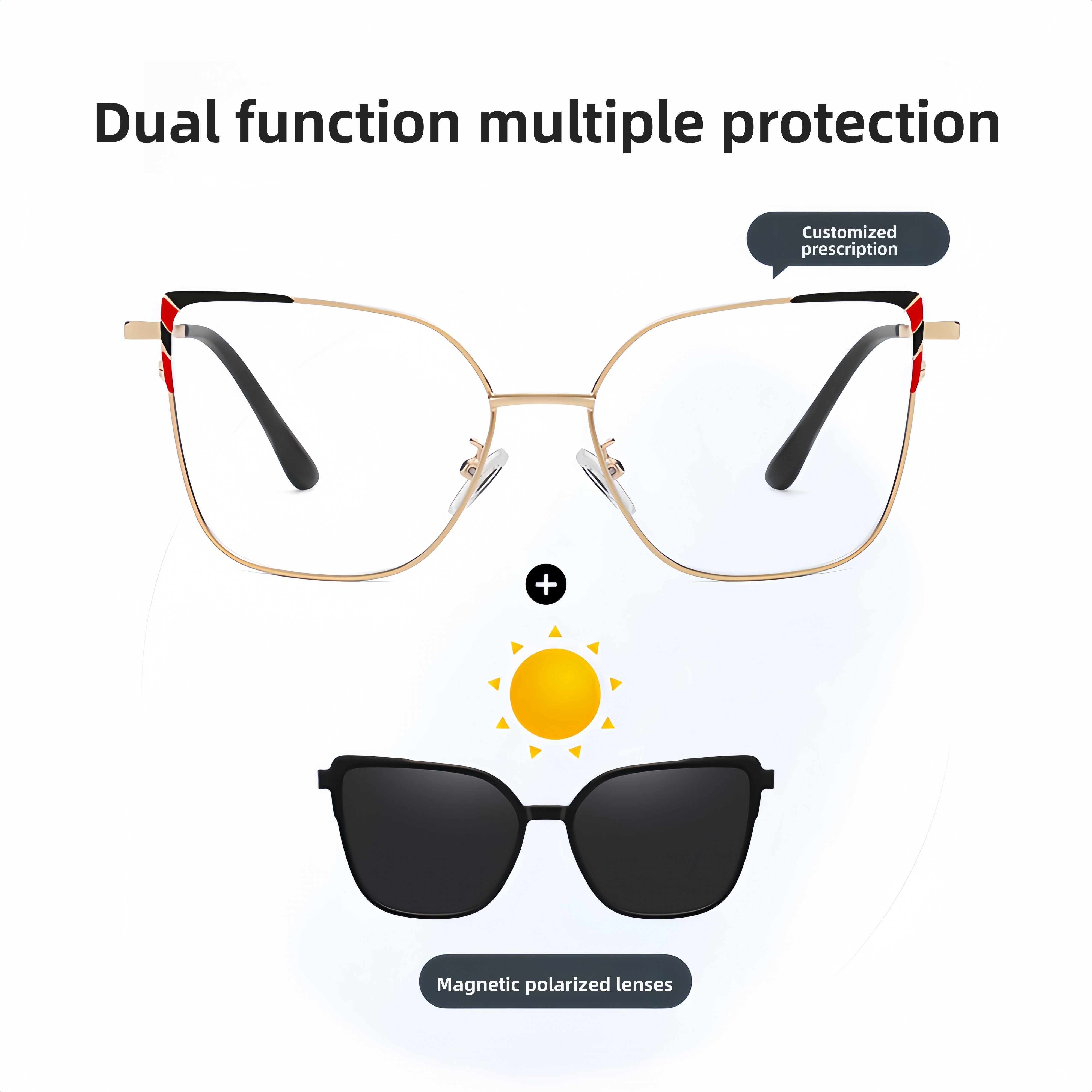 Women's Metal Prescription Glasses & Magnetic Clip-on Sunglasses Set