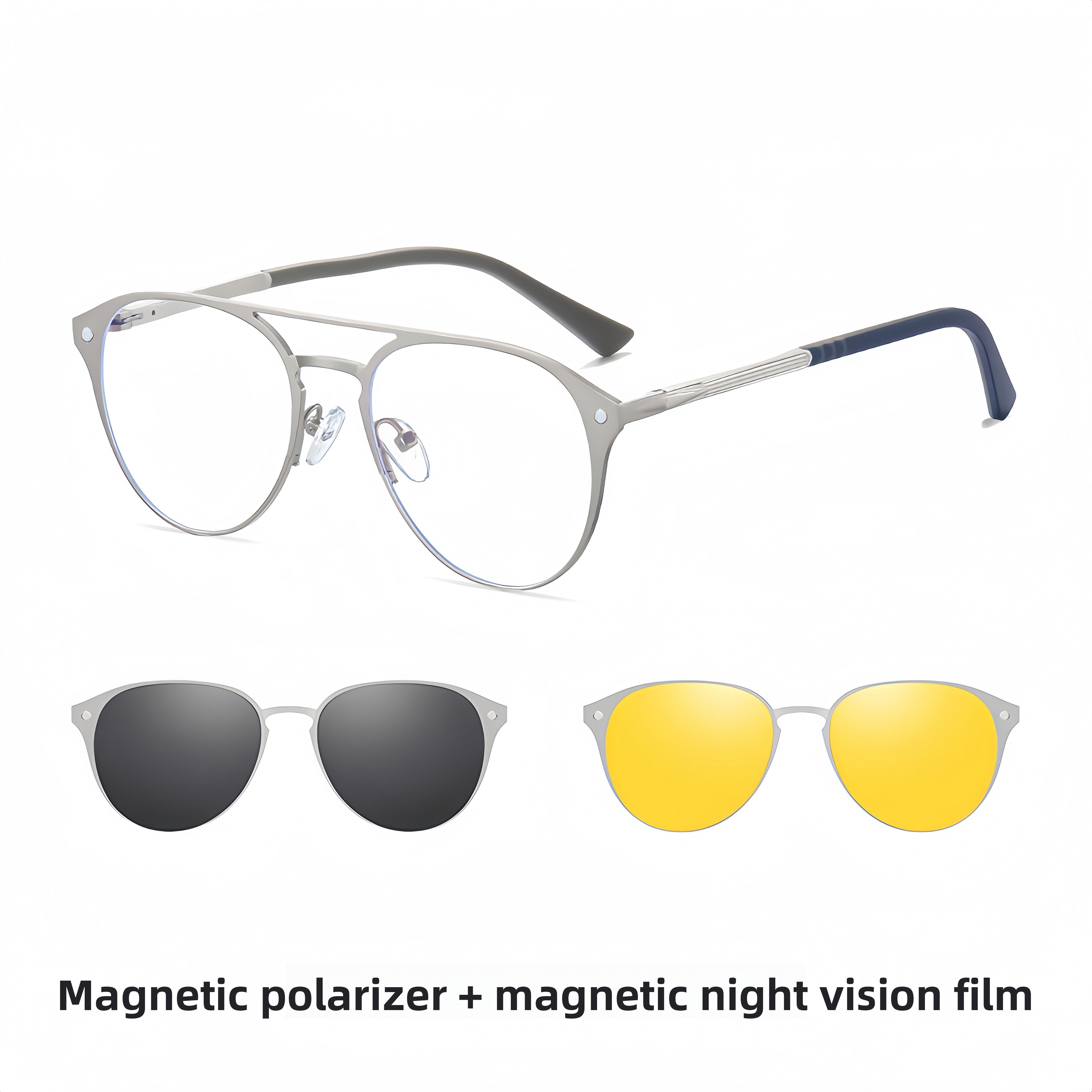 Aluminum-Magnesium 3-in-1 Magnetic Clip-On Sunglasses & Prescription Glasses Set