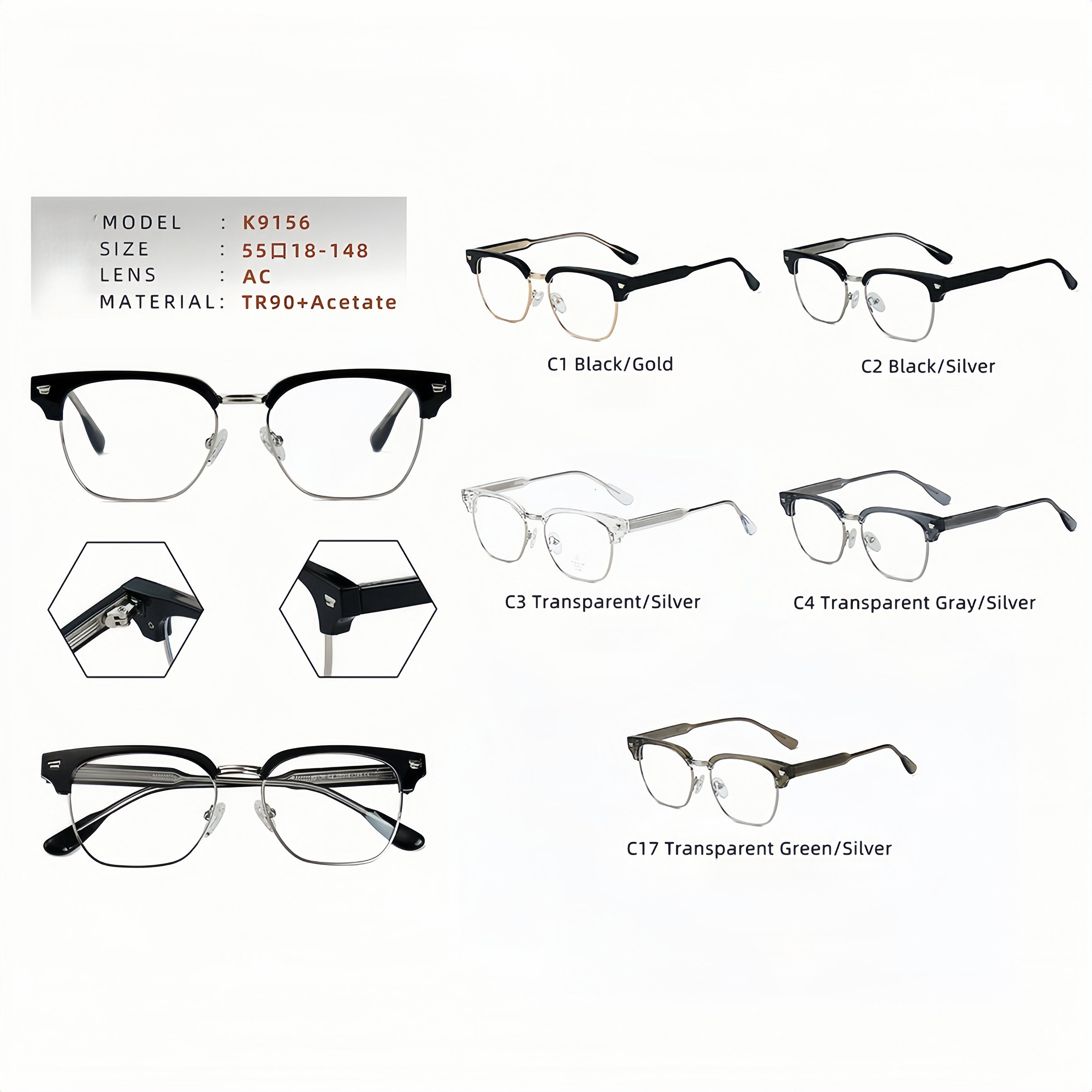 Unisex TR90 Browline Semi-Rimless Prescription Glasses