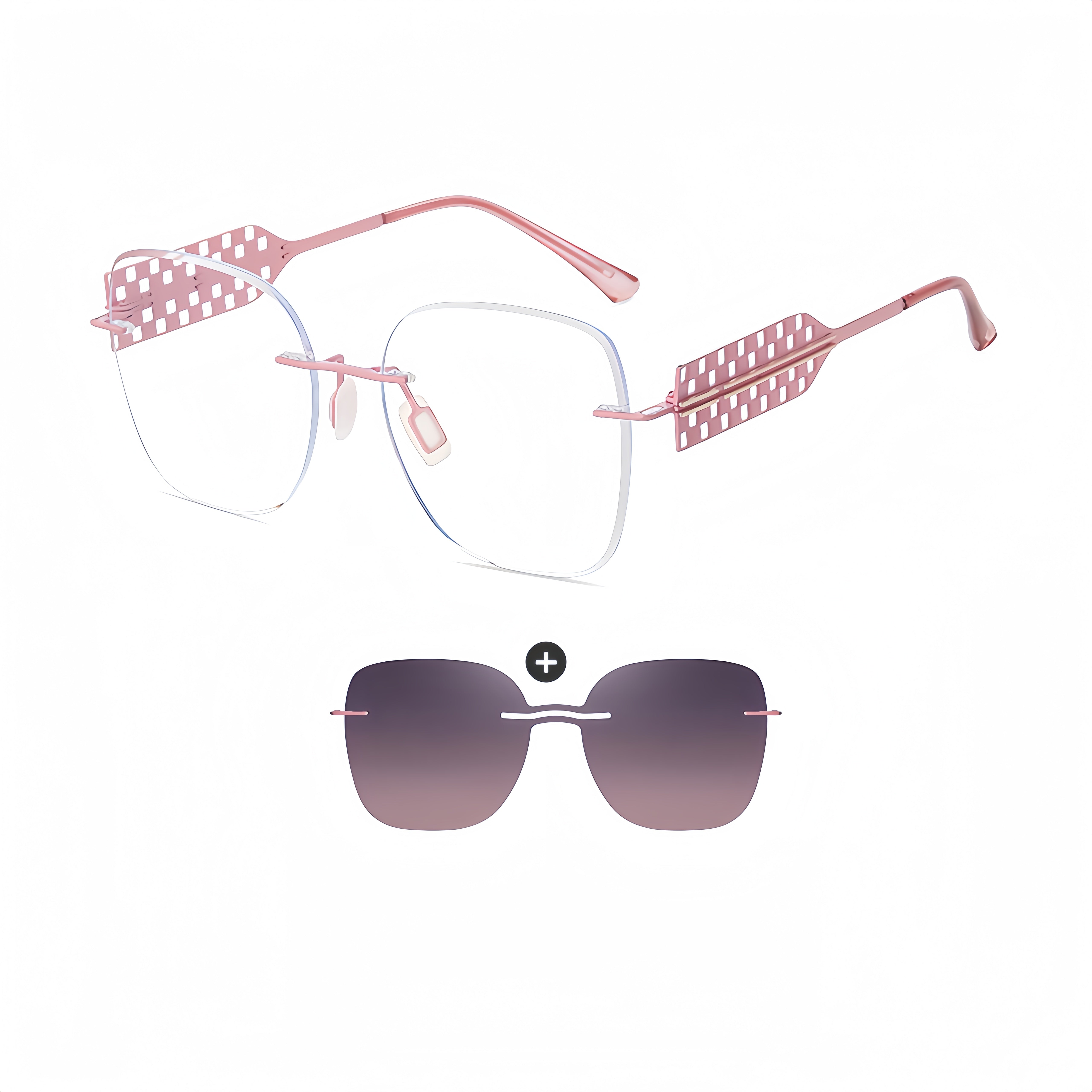 Women's Rimless All-in-One Magnetic Clip Sunglasses + Prescription Frame