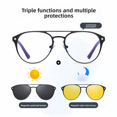 Aluminum-Magnesium 3-in-1 Magnetic Clip-On Sunglasses & Prescription Glasses Set