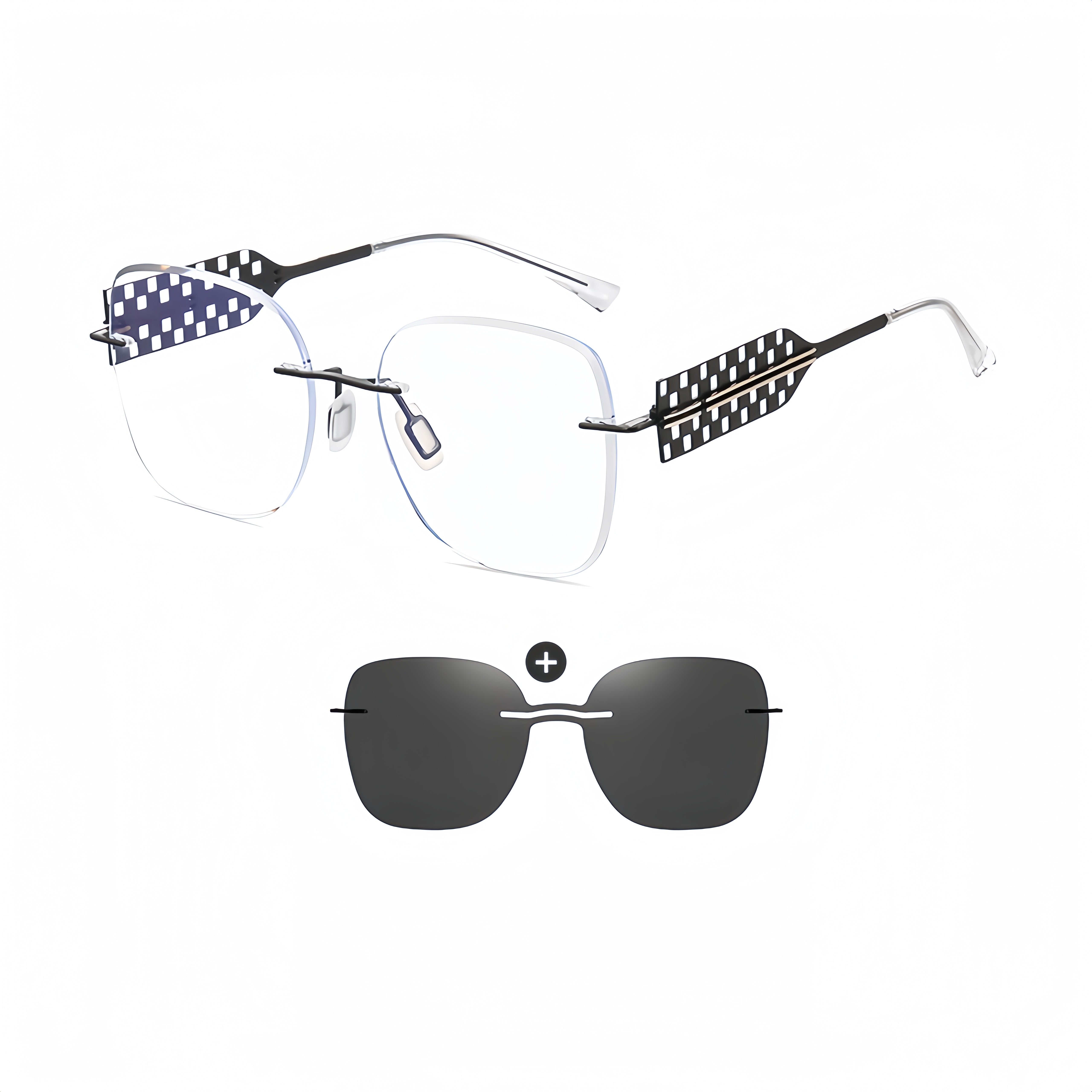 Women's Rimless All-in-One Magnetic Clip Sunglasses + Prescription Frame
