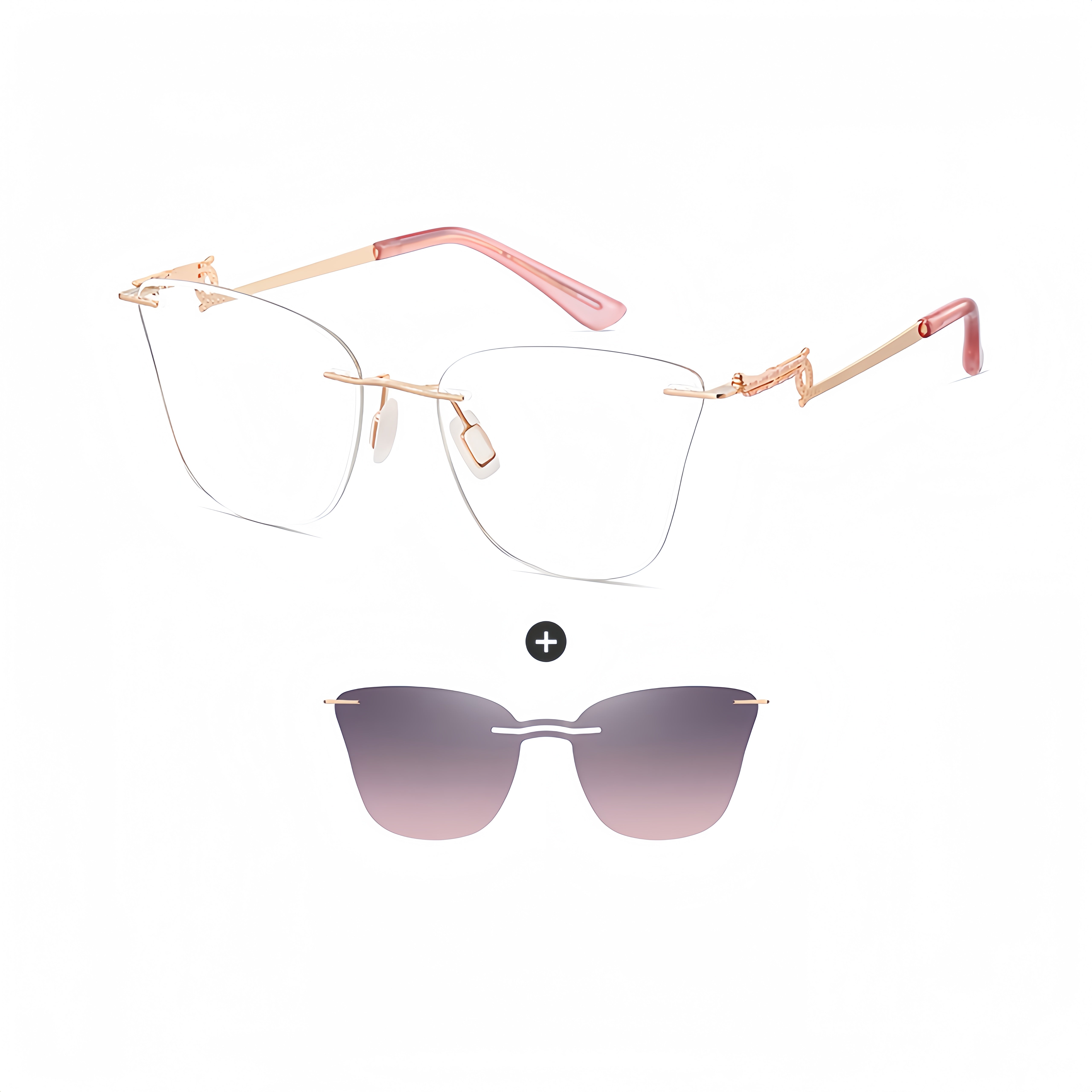 Women's Rimless Prescription Glasses + Magnetic Clip-on Sun Lens Kit