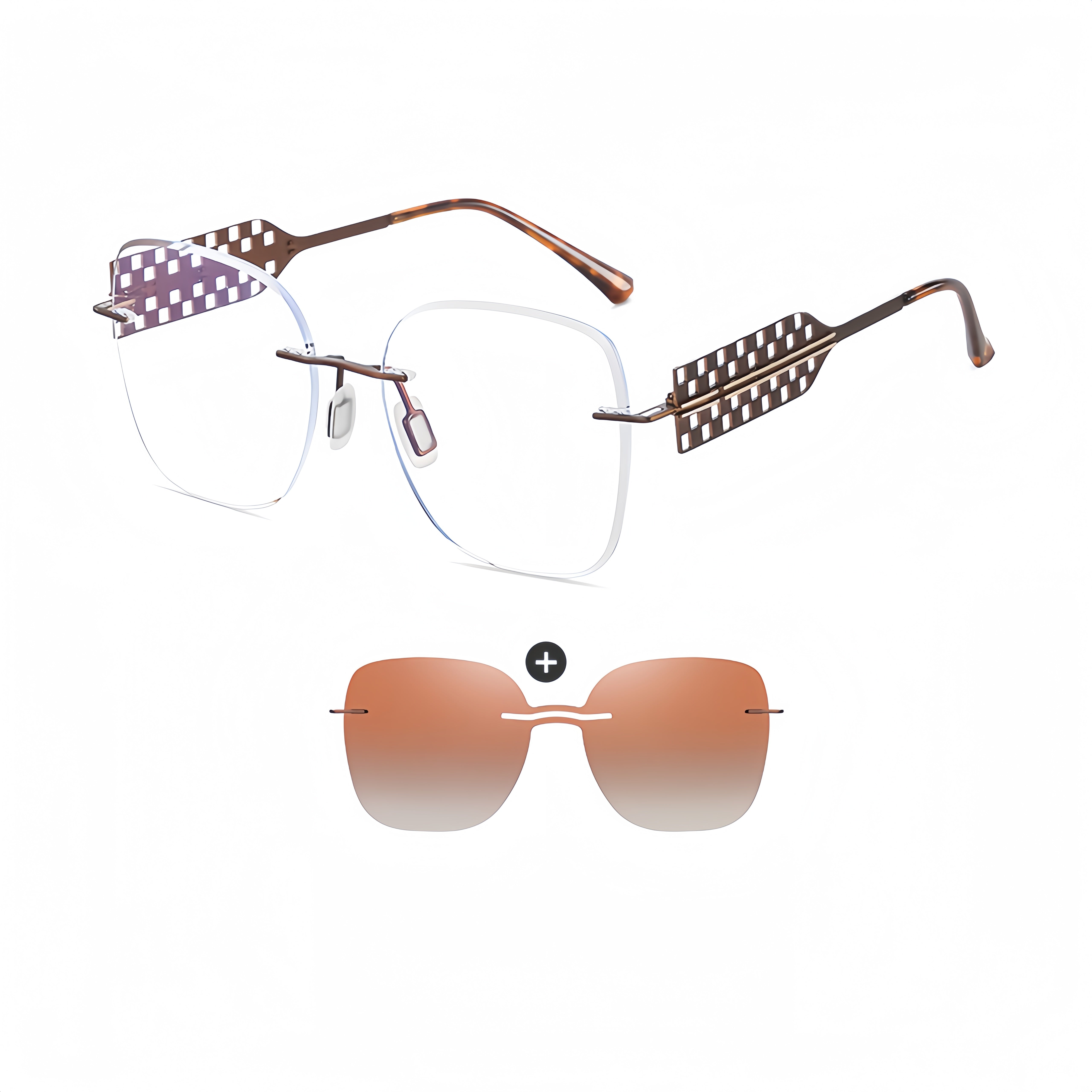 Women's Rimless All-in-One Magnetic Clip Sunglasses + Prescription Frame
