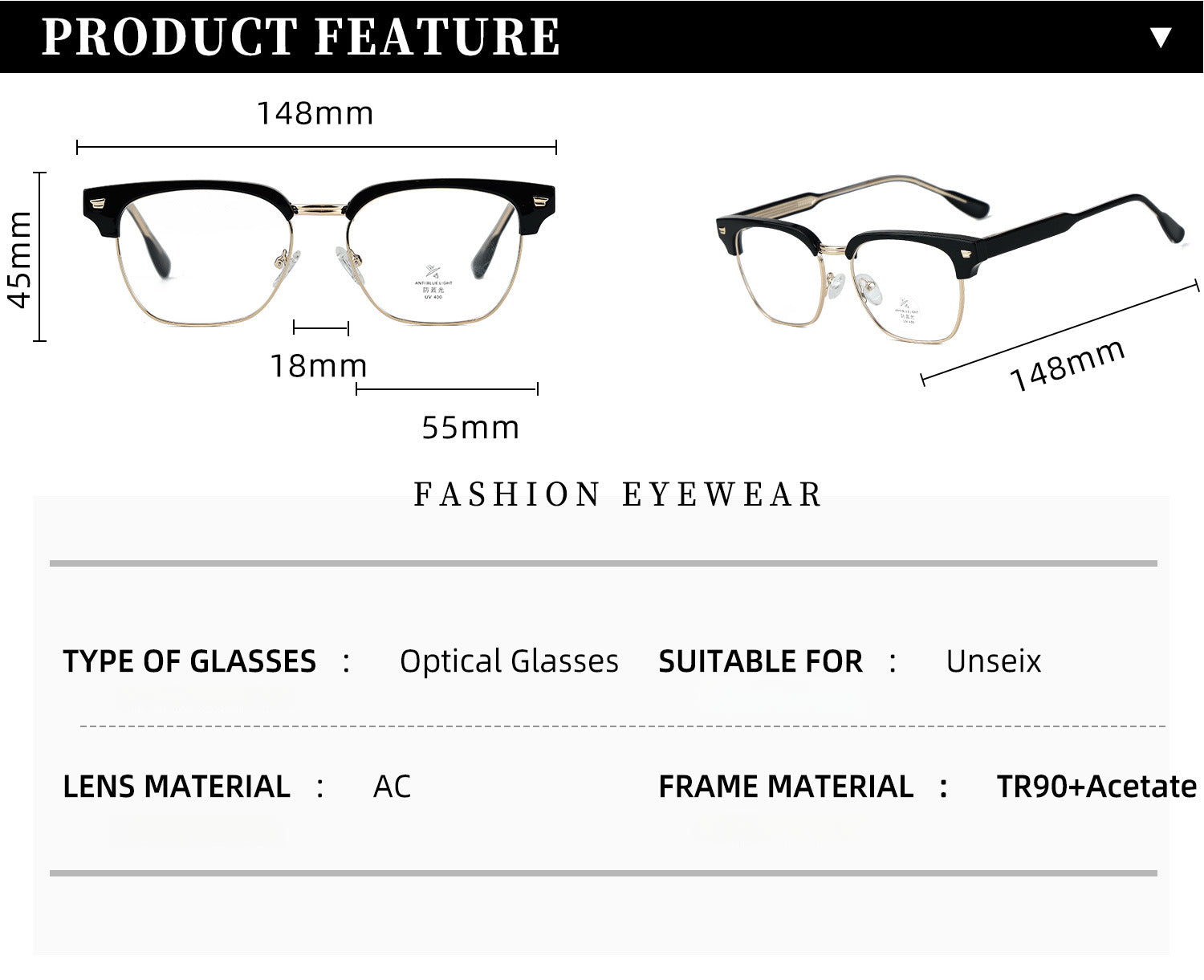 Unisex TR90 Browline Semi-Rimless Prescription Glasses