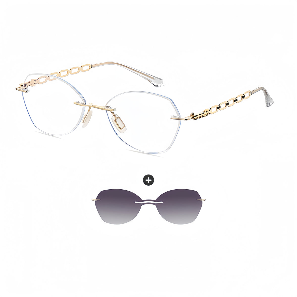 Women's Rimless Magnetic Clip-On Sunglasses & Optical Frames Bundle