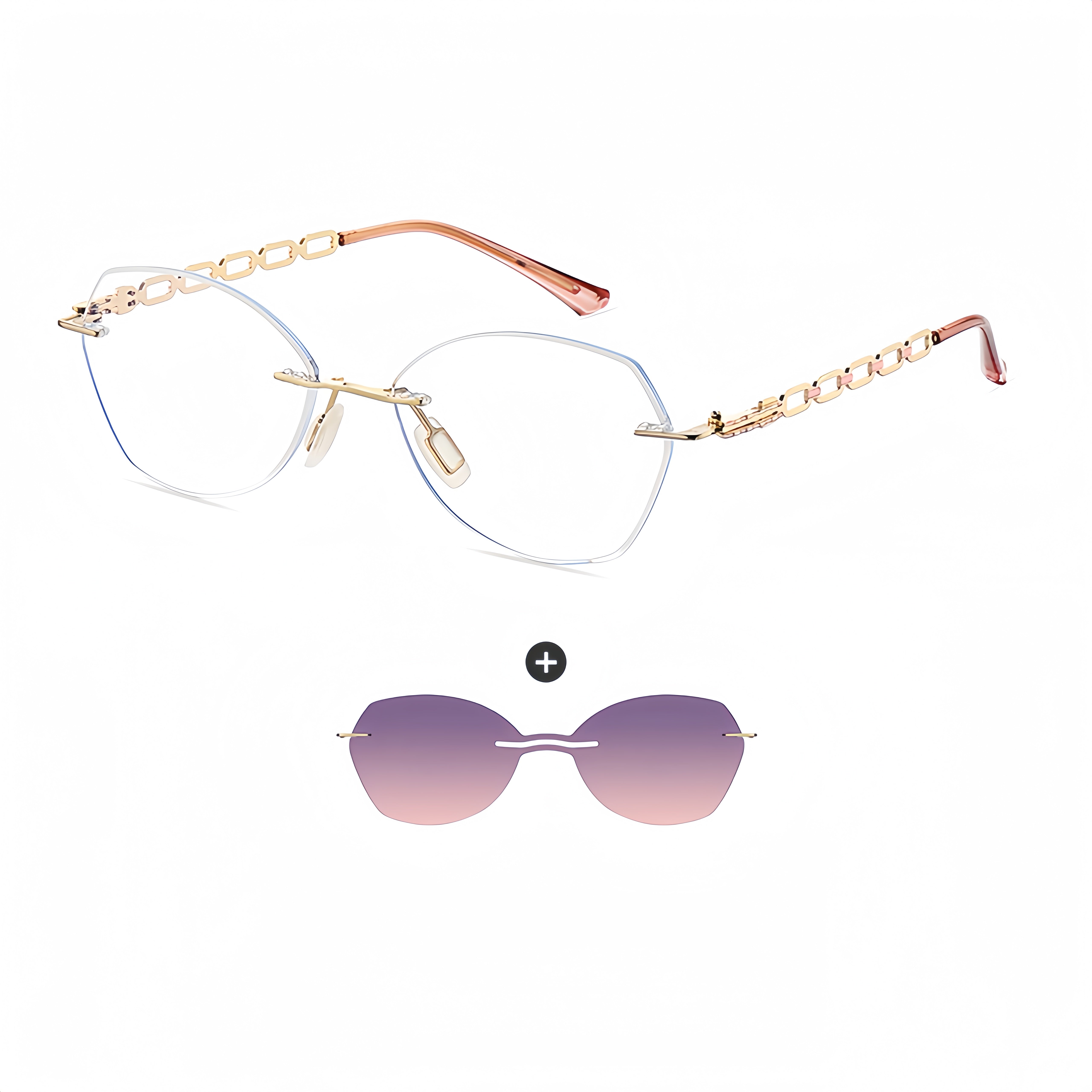 Women's Rimless Magnetic Clip-On Sunglasses & Optical Frames Bundle