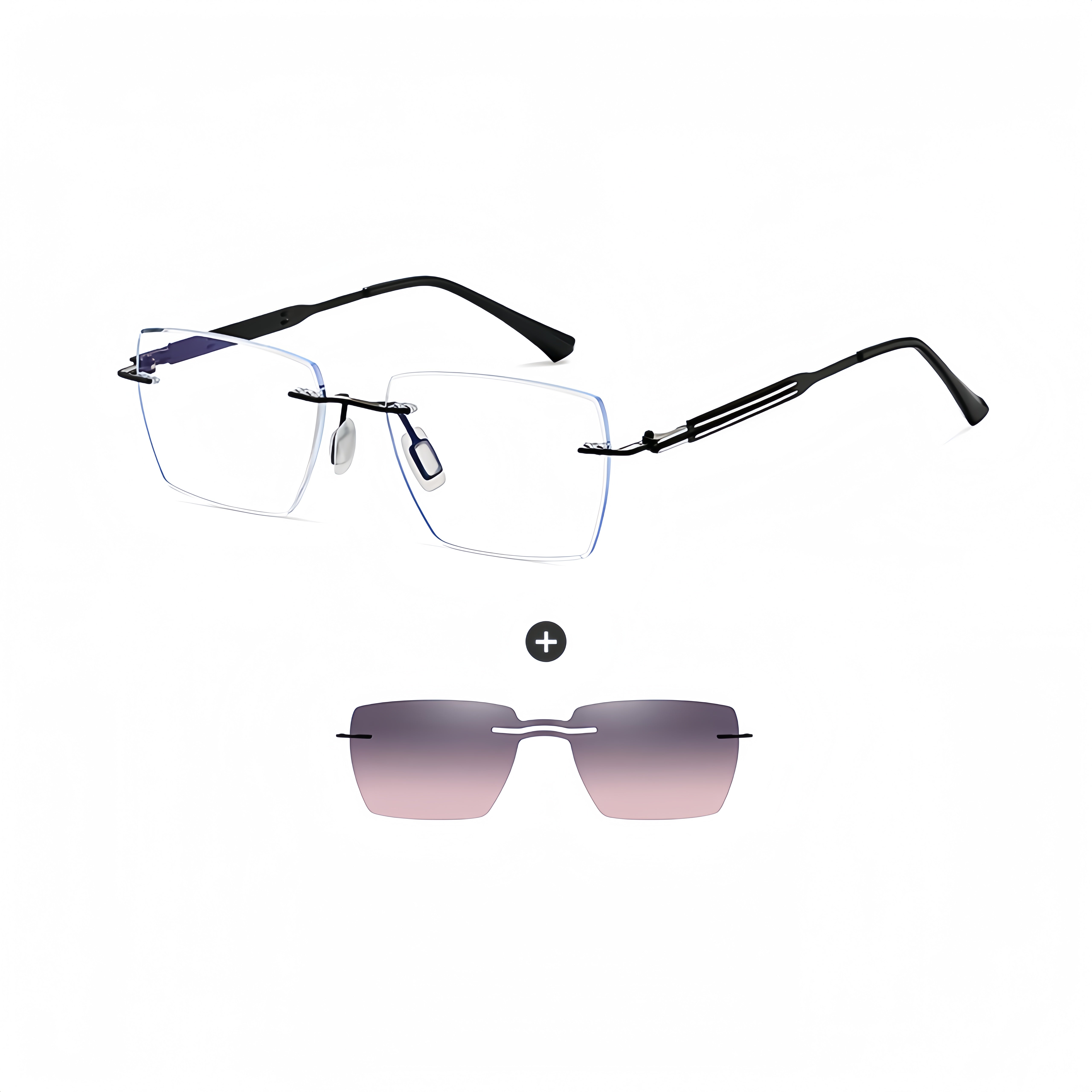 Men's Rimless Magnetic Clip-On Prescription Glasses Bundle