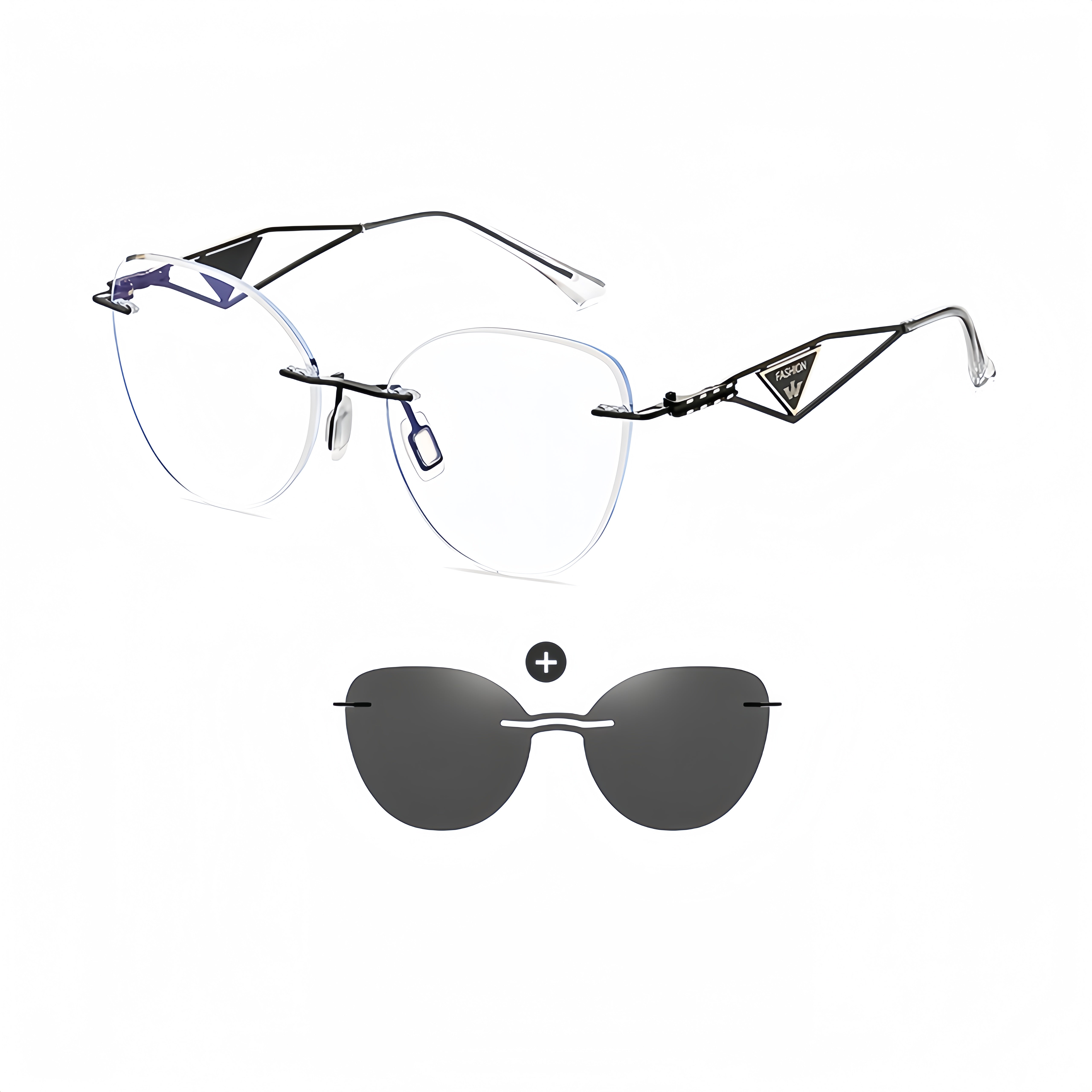 Cat Eye Women's Rimless Magnetic Clip-Ons with Rx Frames