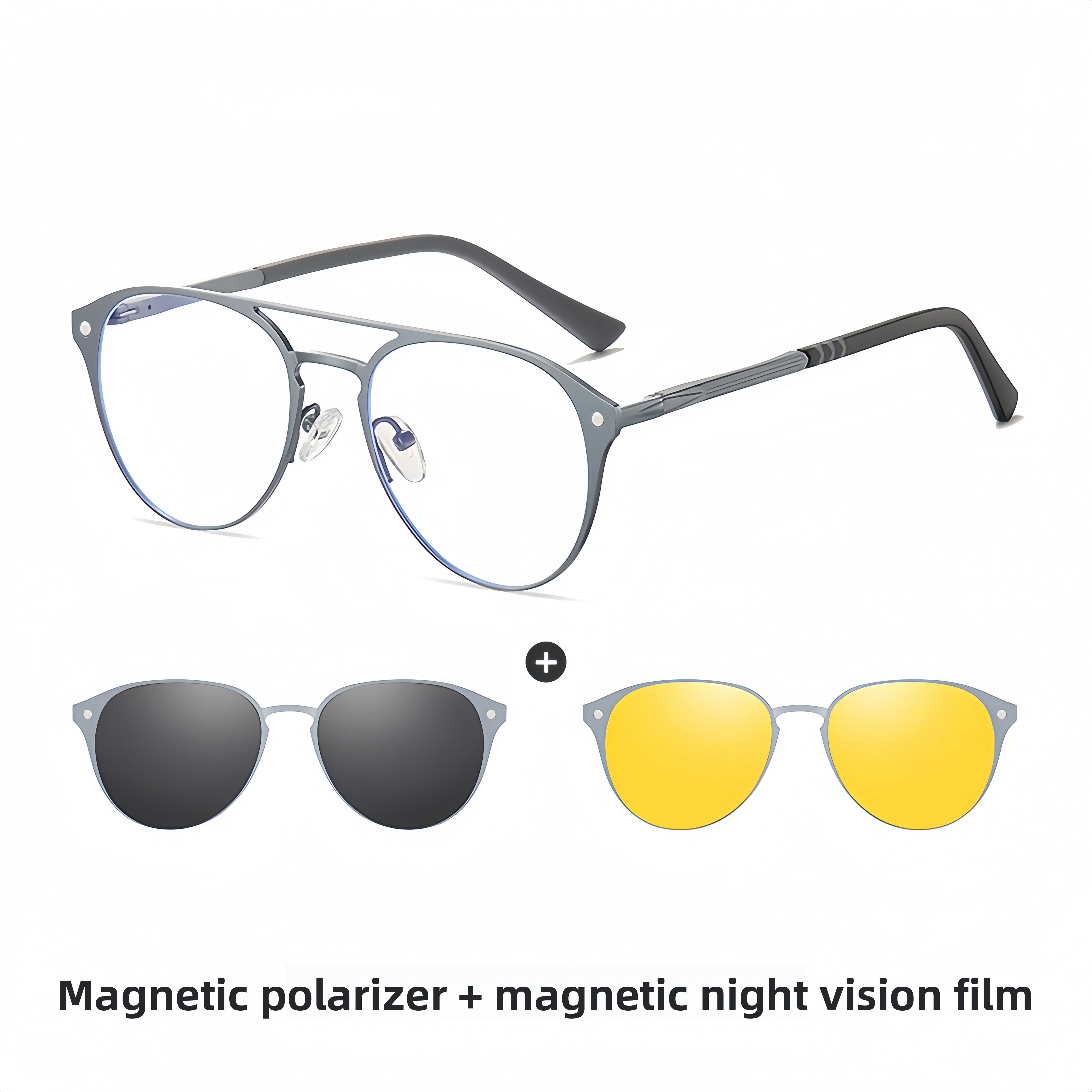 Aluminum-Magnesium 3-in-1 Magnetic Clip-On Sunglasses & Prescription Glasses Set