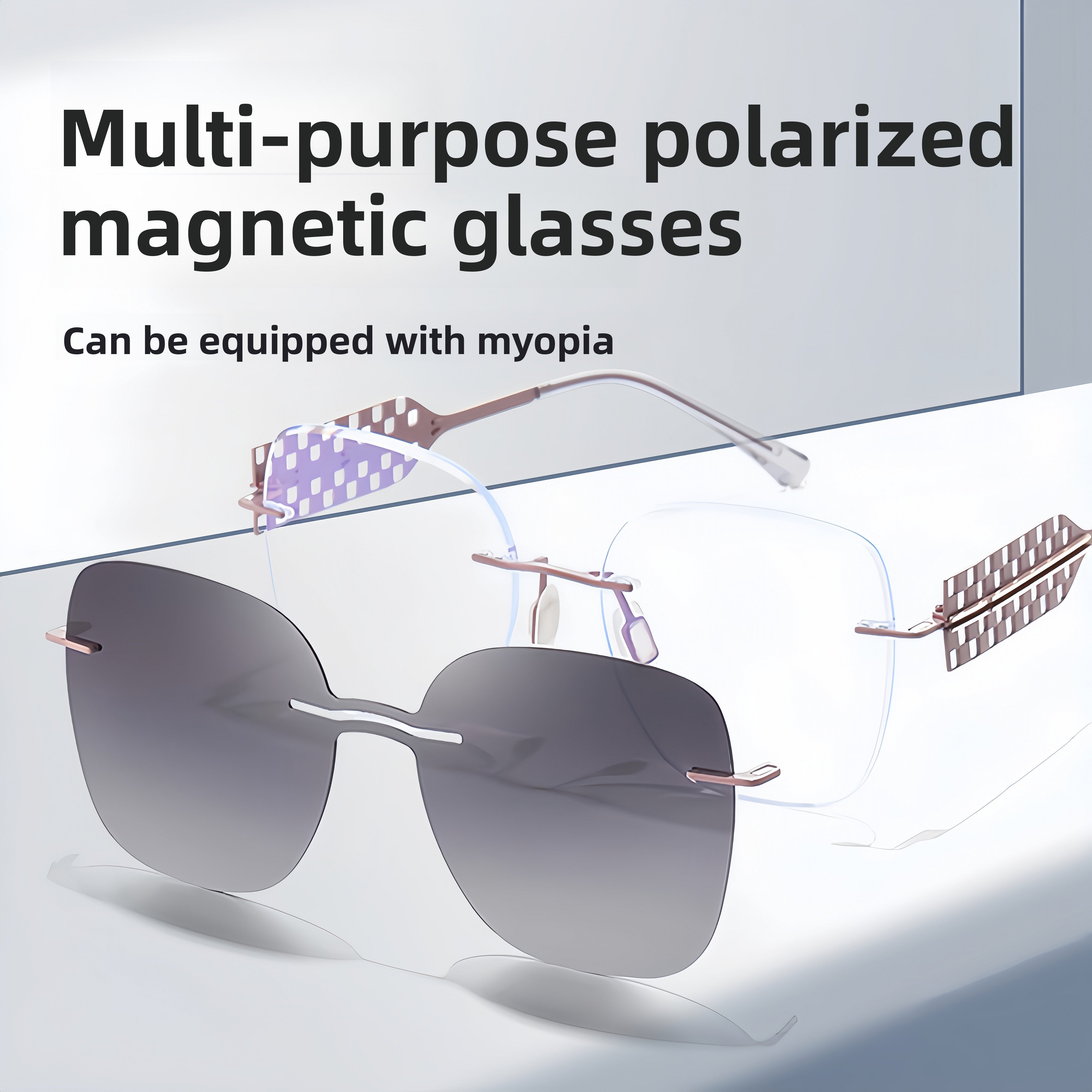 Women's Rimless All-in-One Magnetic Clip Sunglasses + Prescription Frame