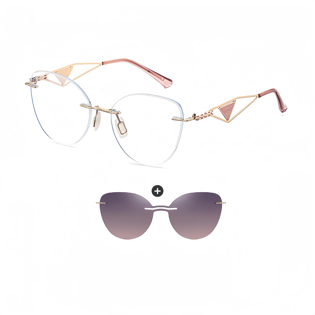 Cat Eye Women's Rimless Magnetic Clip-Ons with Rx Frames