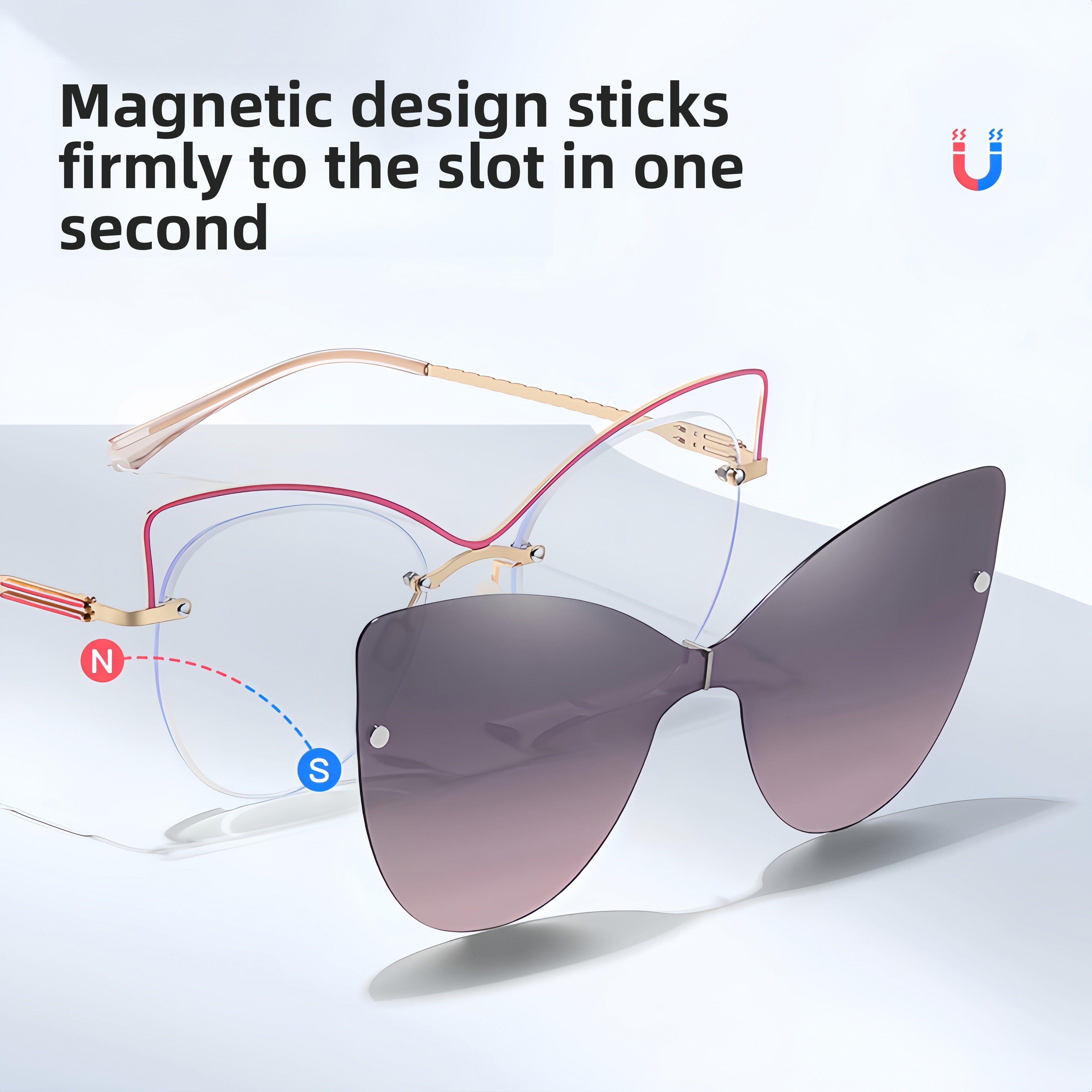 Women's Rimless Magnetic Clip-On Sunglasses Compatible with Prescription Frames