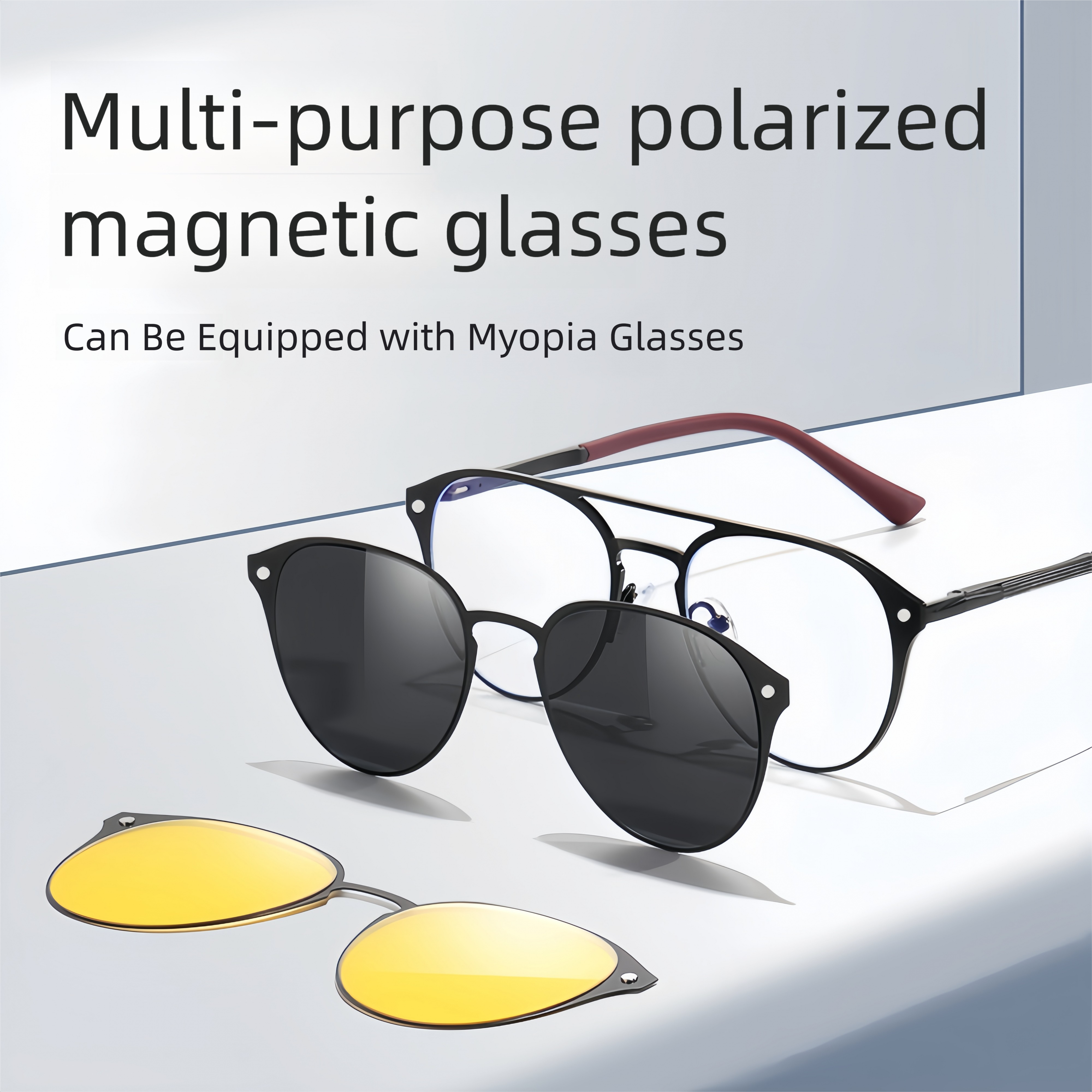 Aluminum-Magnesium 3-in-1 Magnetic Clip-On Sunglasses & Prescription Glasses Set