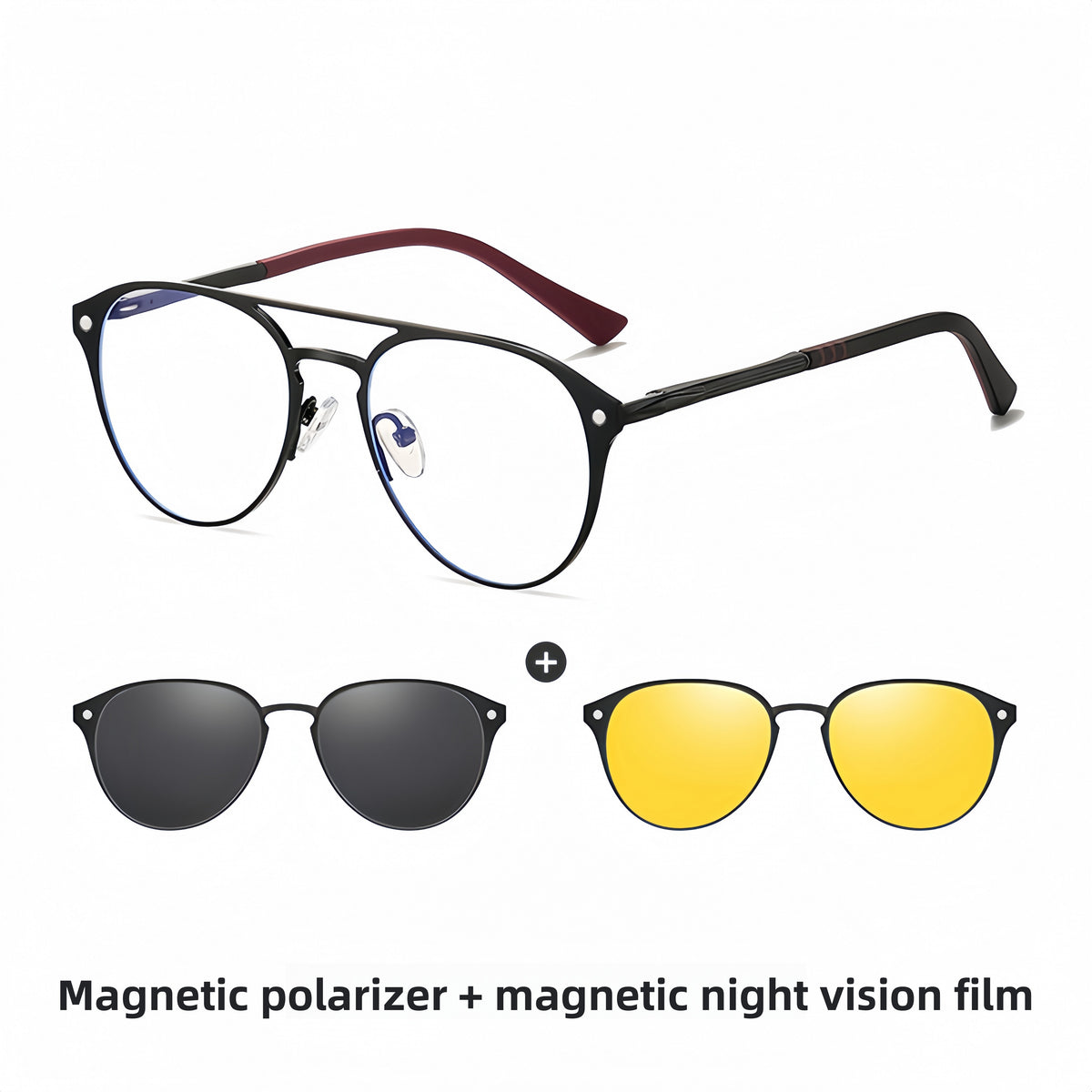 Aluminum-Magnesium 3-in-1 Magnetic Clip-On Sunglasses & Prescription Glasses Set